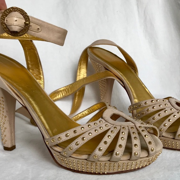 Donna Karan Gold Studded Ankle Wrap HIGH Platforms - Picture 1 of 8